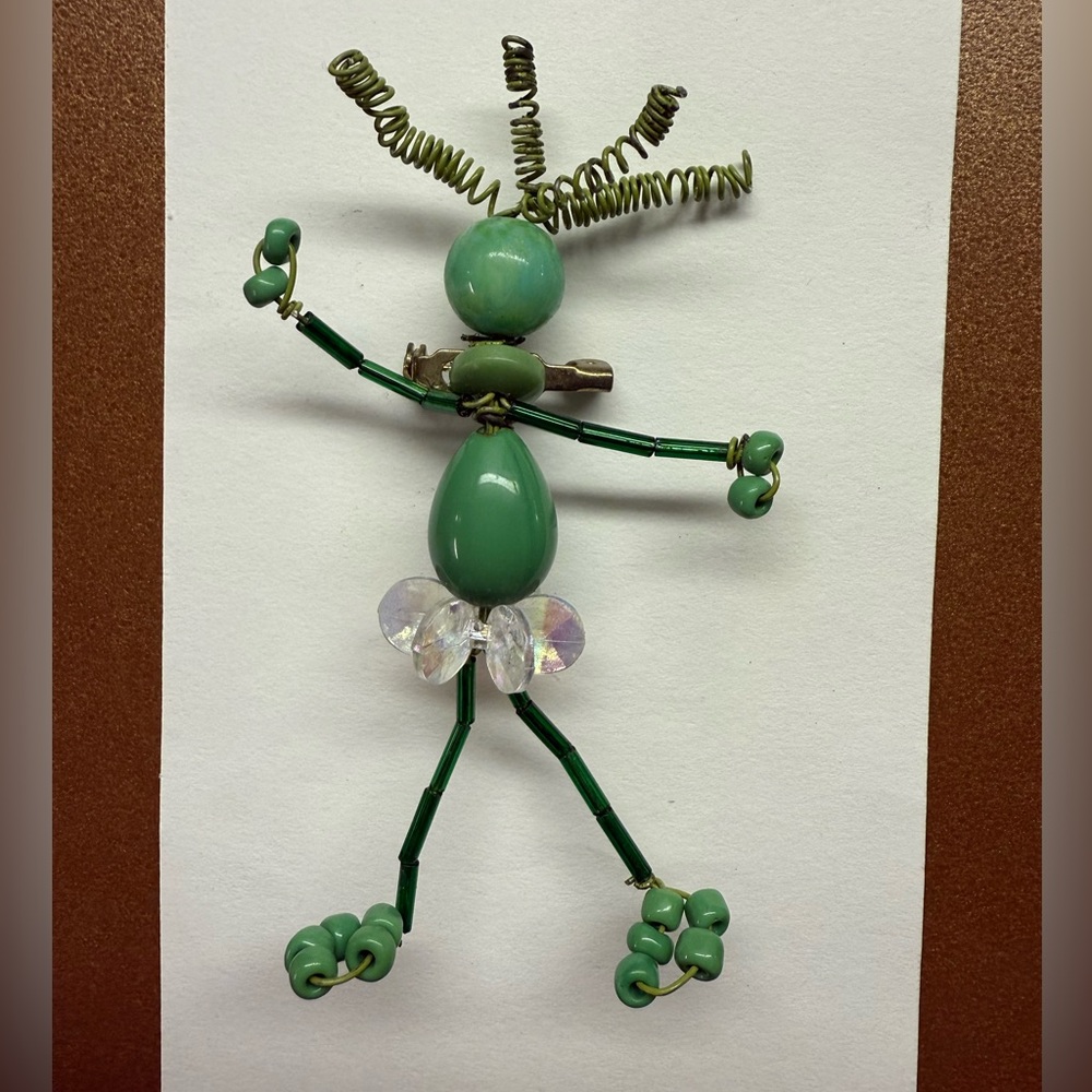 Green Beaded brooch Wire pixie person whimsical Figure
